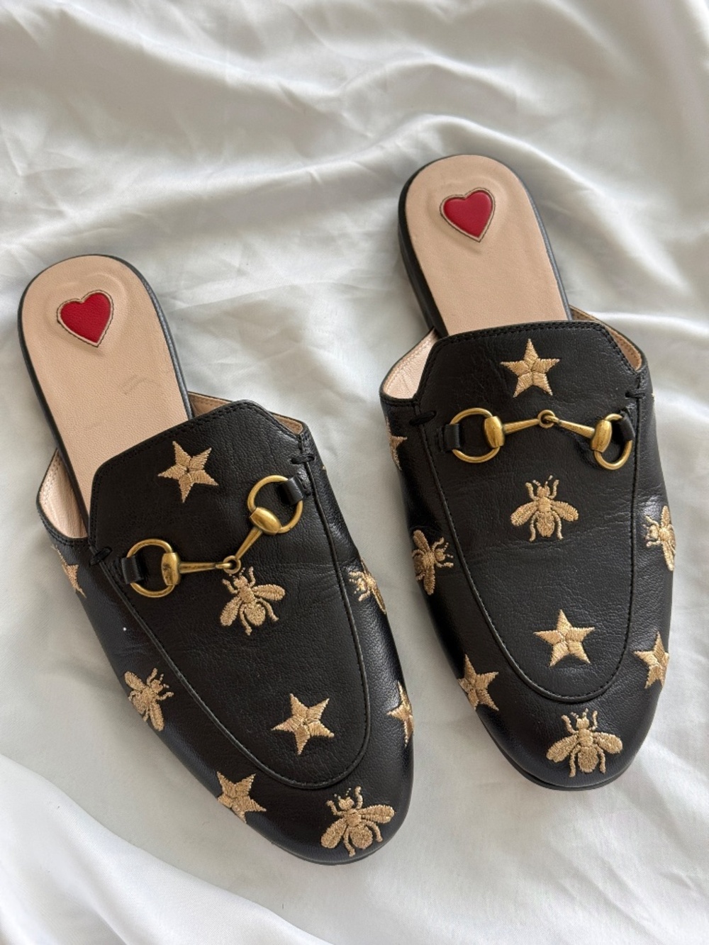 Black Leather Mules with Gold Bee & Star Embroidery Size 35